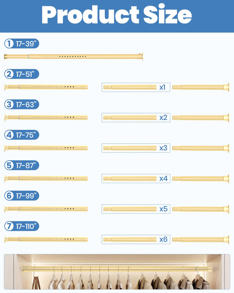 Closet Rod,17-63 Inch,Heavy-Duty Adjustable Closet Rods for hanging clothes