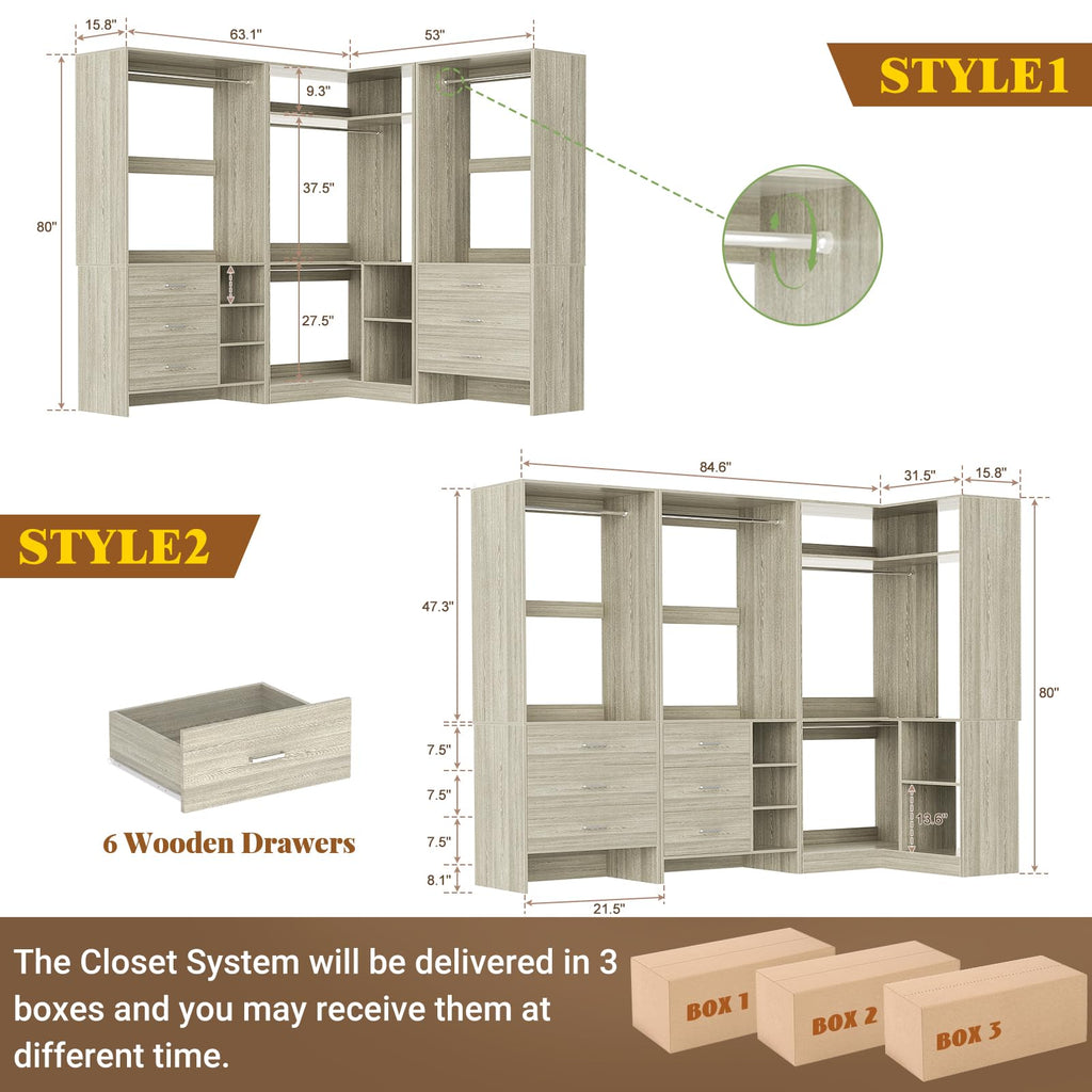 Closet System with 6 Drawers, 4 Hanging Rods & Corner Tower, Corner Closet System with Hanging, 84.6" L-Shaped