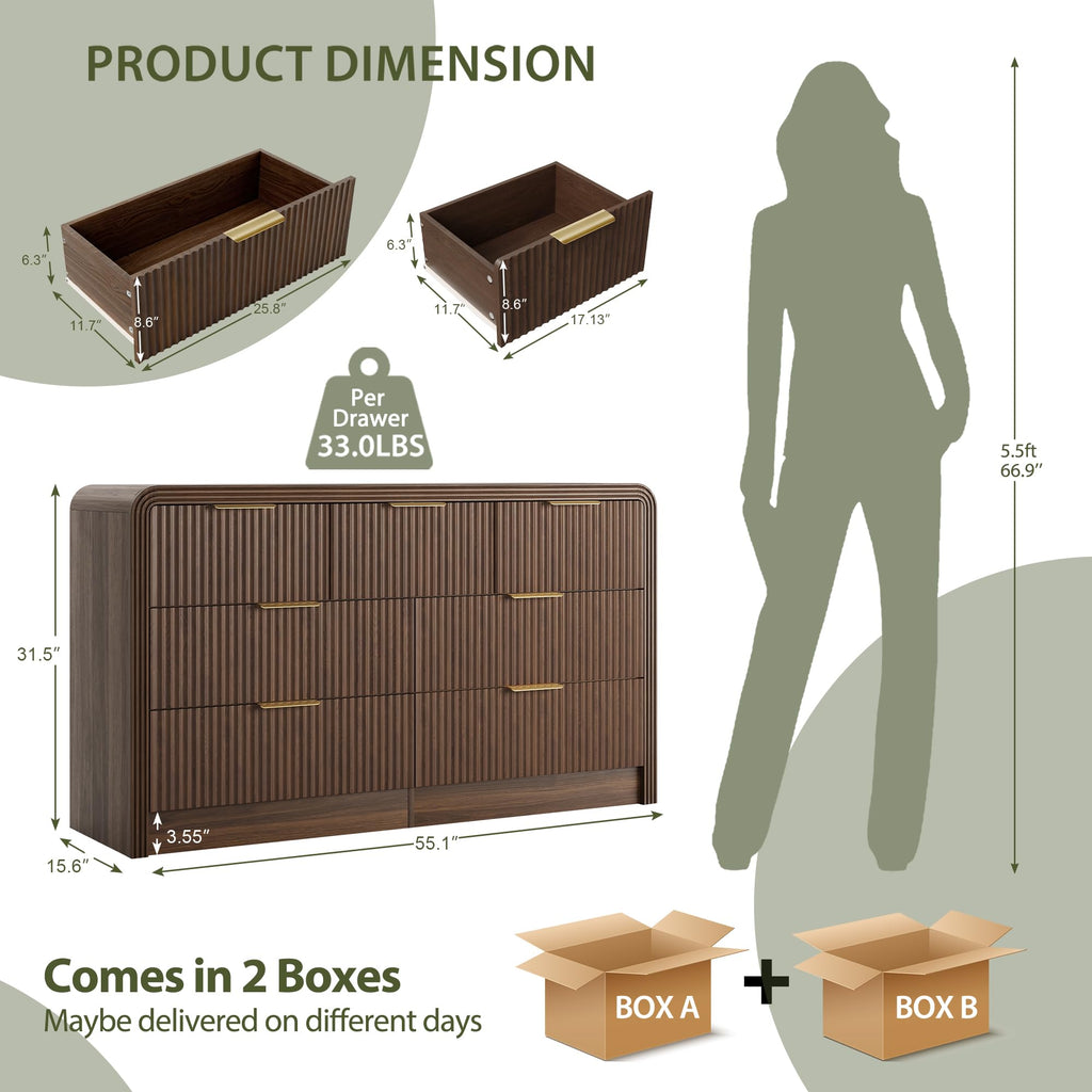 55" W Fluted 7-Drawer Dresser, Walnut