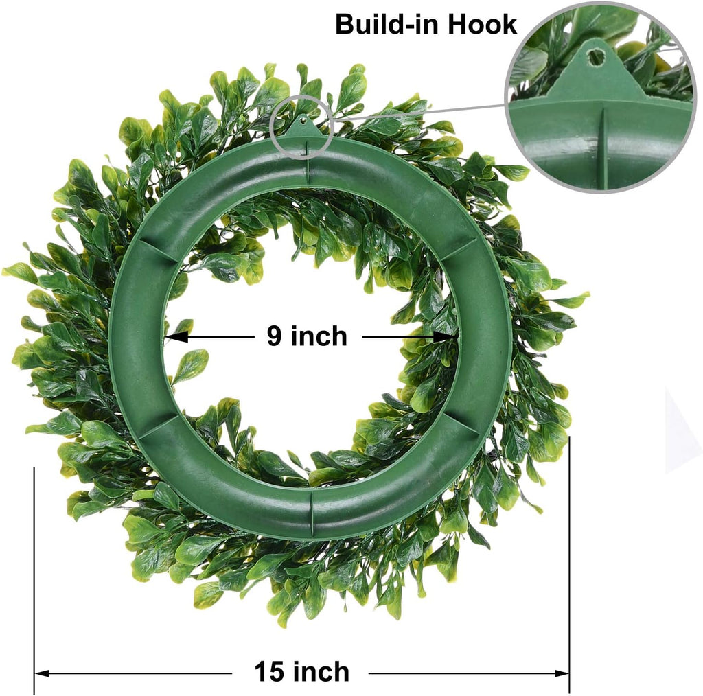 15" Boxwood Wreath - Artificial Green Leaves Wreath for Front Door, Wall, Window & Party Decor