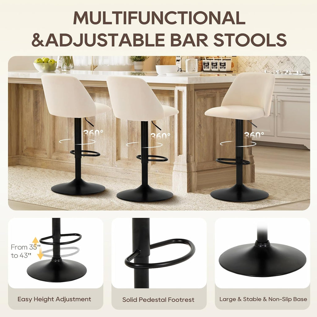 Bar Stools Set of 4, Modern Swivel Bar Chairs, Adjustable Upholstered Barstools Counter Height with Full Backrest