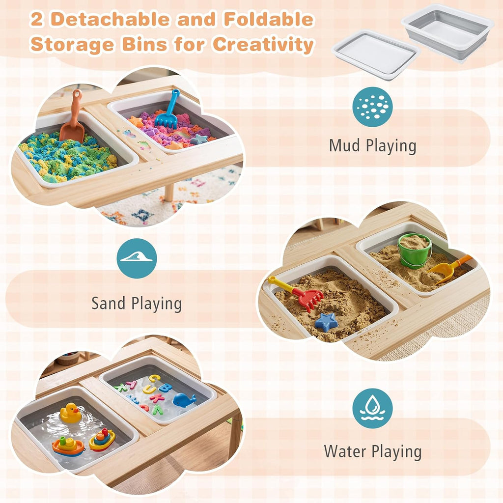 Sensory Table and Chair Set, Wooden Sand & Water Activity Set w/Adjustable Height, Dual Sided Top, 2 Bins, Paper Roll