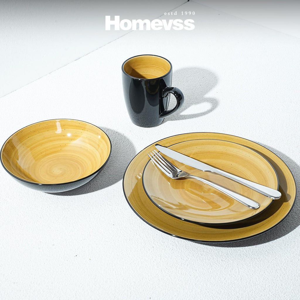 Sonoma 16 Piece Stoneware Dinner Set, Outside Black + Inside Handpainted Color Yellow with speckle