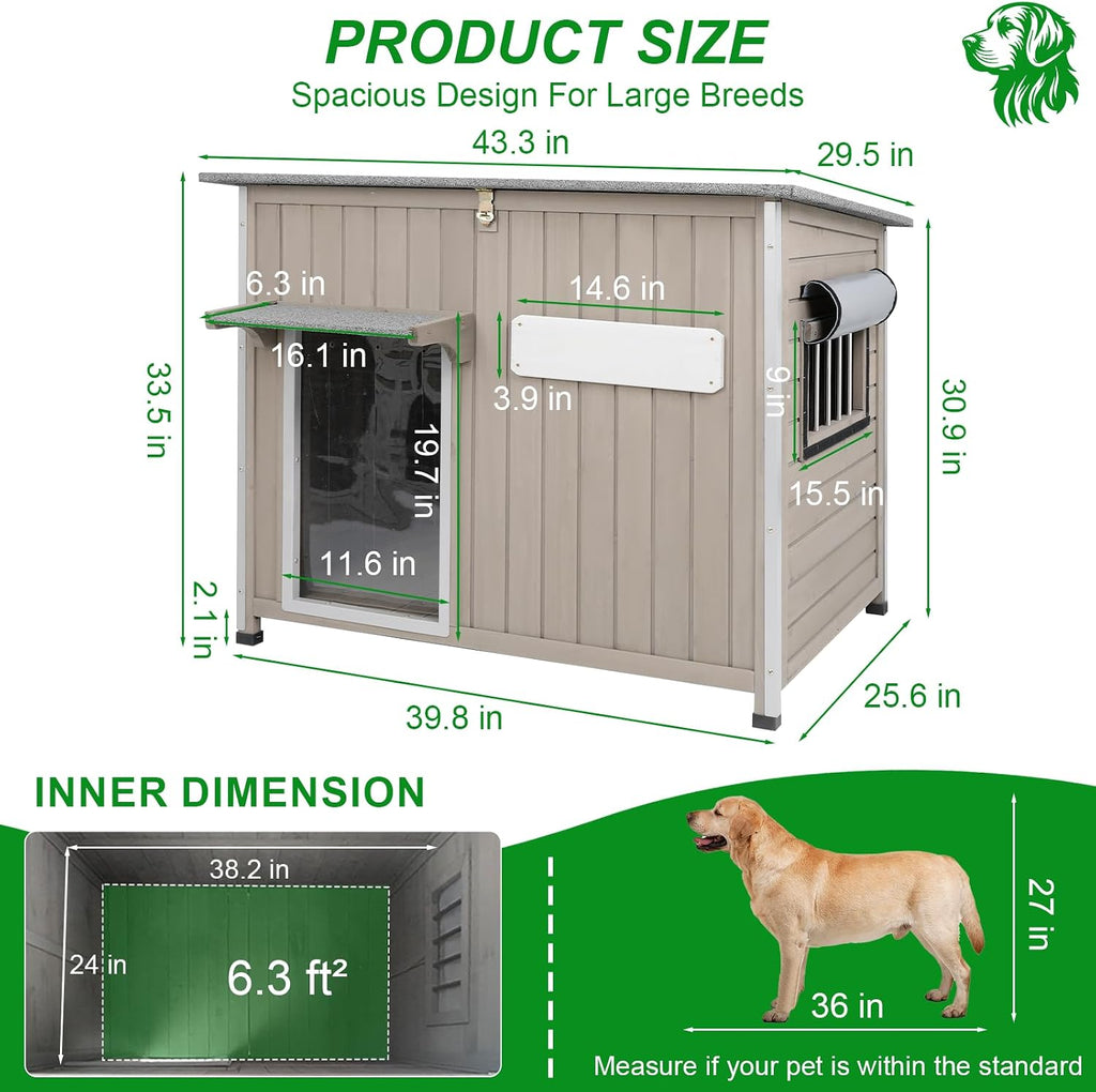 Dog House Outdoor Weatherproof & Wooden Dog Kennel with Chew-Proof Iron Frame, Removable Floor, Adjustable Vent