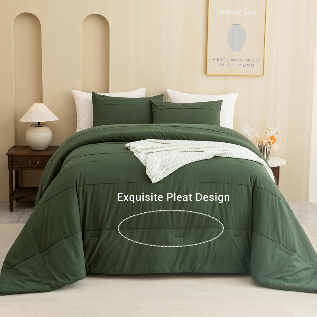 Olive Green Comforter 120"x120", Cotton Pleated Dark Green Bedding Comforter Set, 3 Pieces Lightweight
