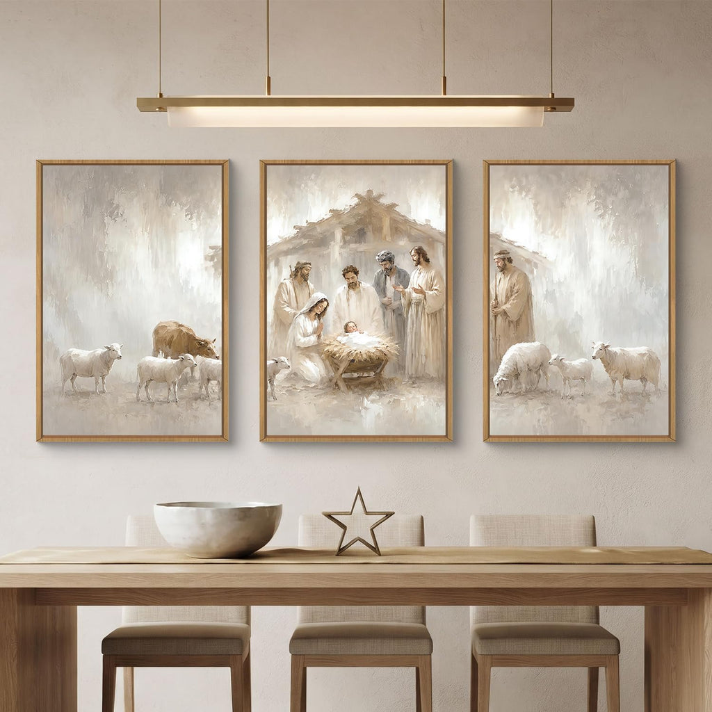Jesus Nativity Christian Scene Framed Canvas Wall Art Set, Vintage Christmas Birth of Jesus Christ Wall
