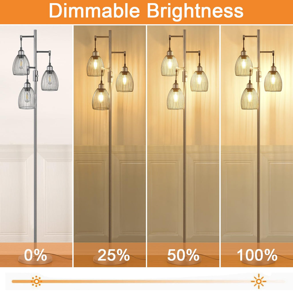 Dimmable Industrial Floor Lamps, Gray Tree Standing Tall Lamps with 3 Elegant Teardrop Cage Head & 800 Lumens LED