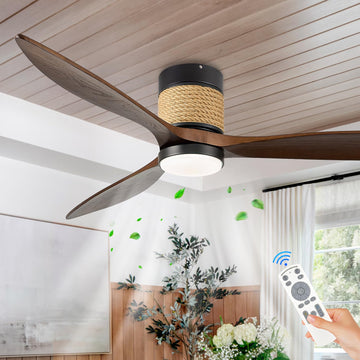 60in Dimmable Flush Mount Ceiling Fans Light with Remote Control 3 Blade Farmhouse Hemp Rope Ceiling Fan with Light