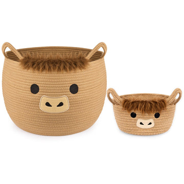 Highland Cute Cow Basket Set, Woven Storage Cotton Rope Basket, Baby Blanket 0rganizer with Ears Handles, Blanket
