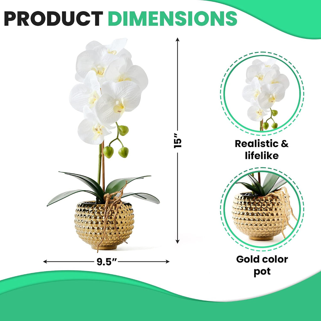 Orchids Artificial Flowers, 15" Faux Orchid in Gold Flower Pot Real Touch Flowers in Pot Large Flower Arrangements - Set of 6