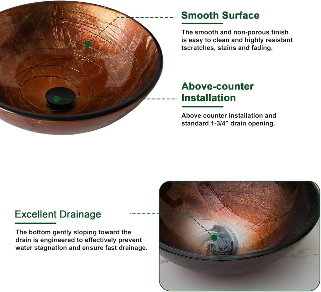 Artistic Vessel Sink Bathroom Vessel Sink Round Brown Tempered Glass Vanity Round Bowl With Pop-up Drain 16-1/2