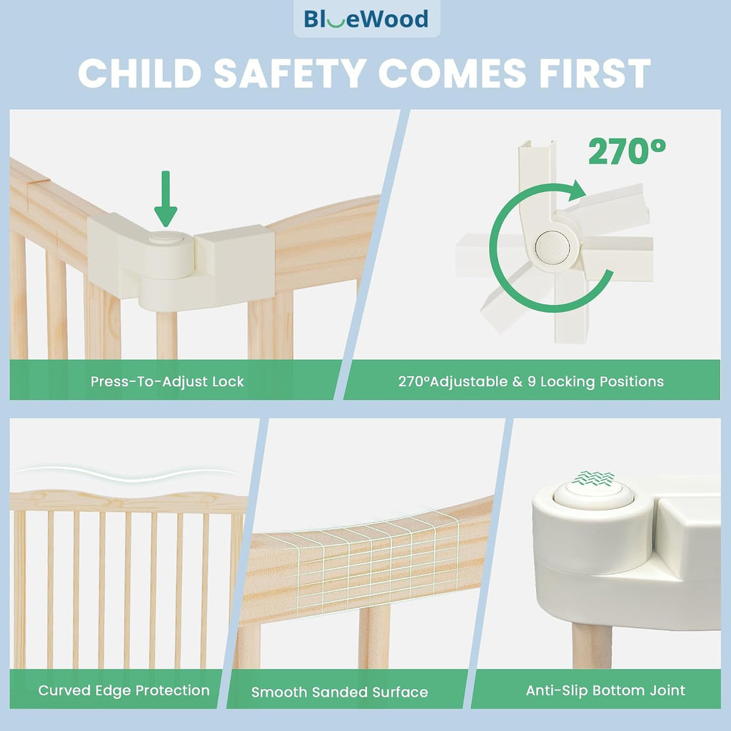Foldable Wooden Playpen - Adjustable Wood Baby Play Yard with Child-Proof Lock, Indoor Large Safety Fence for Babies