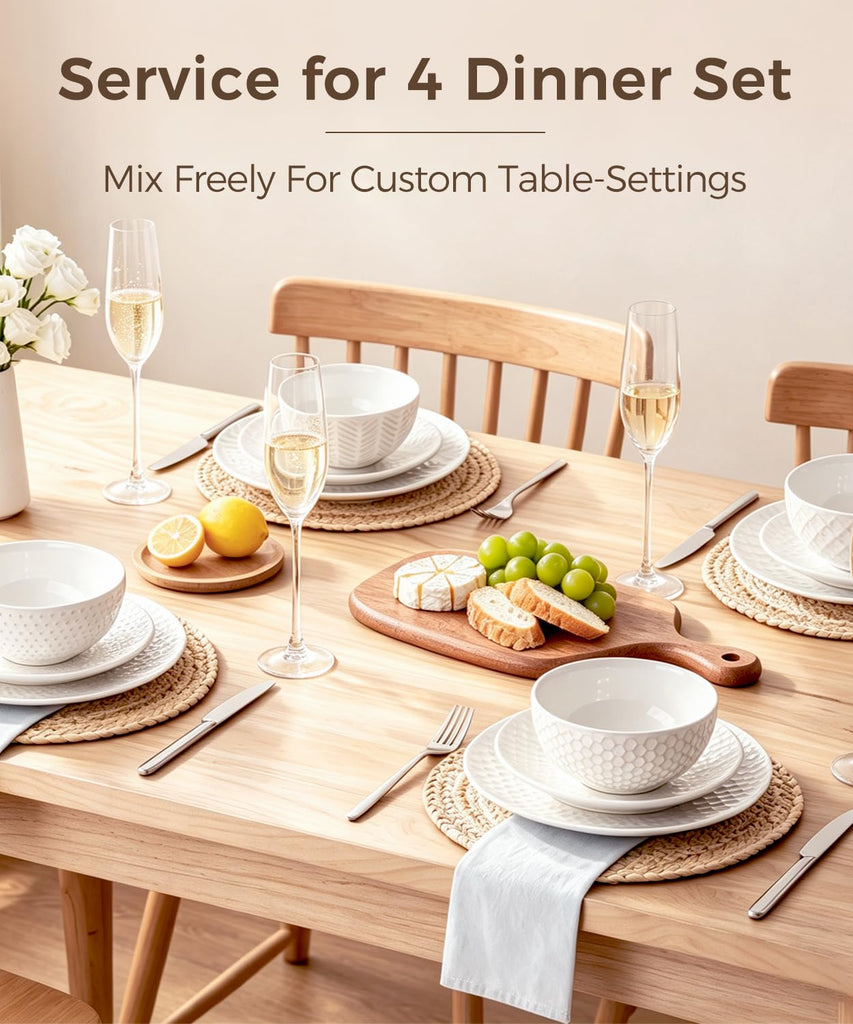 Embossed Ceramic Dinnerware Set for 4, 12-Piece White Plates and Bowls Set, Modern Farmhouse Tableware with 10" & 8"