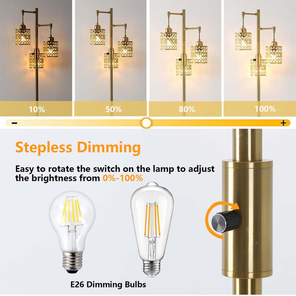 Industrial Floor Lamp, Dimmable Floor Lamp, Gold Tree Lamp Standing Lamp Tall Pole Lamps with 3 Elegant Crystal
