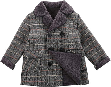 Boy's Pea Coat Faux Wool Double Breasted Trench Jacket Warm Plaid Peacoat