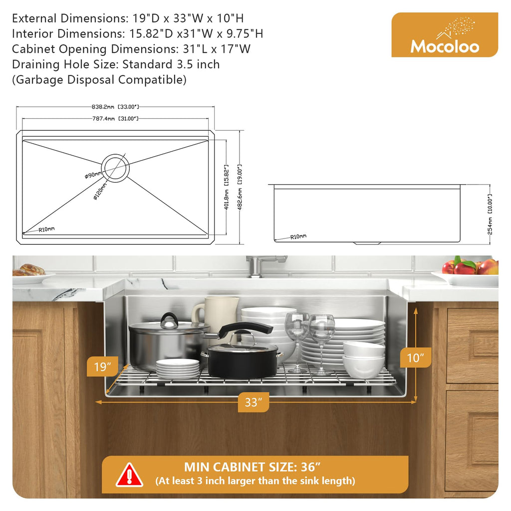 33 Undermount Kitchen Sink - 33 x 19 Undermount Sink Workstation Stainless Steel Kitchen Sinks 16 Gauge Single Bowl