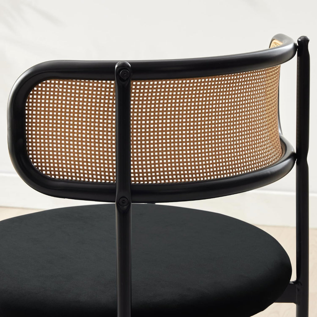 Rattan Dining Chairs Set of 2, Mid-Century Modern Dining Chairs with Cane Back and Boucle Upholstered Seat, Farmhouse Kitchen Chairs, Black