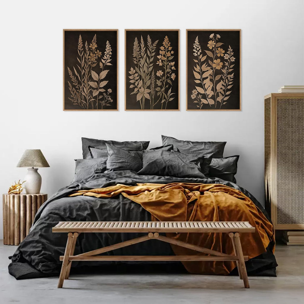Vintage Botanical Fern Framed Canvas Wall Art Set, Black and Tan Plant Leaf Wall Decor, Netural Minimalist Herb Floral