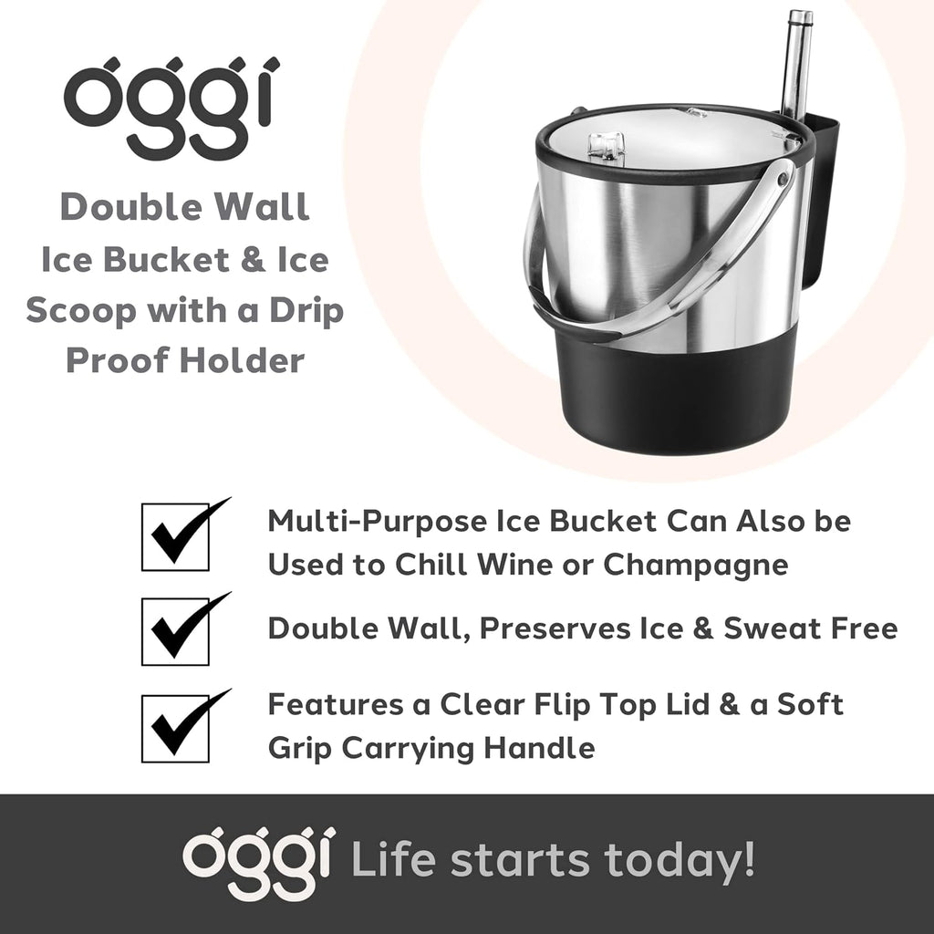 Insulated Ice Bucket, 4 Quart / 3.8 L, Stainless Steel, Black.