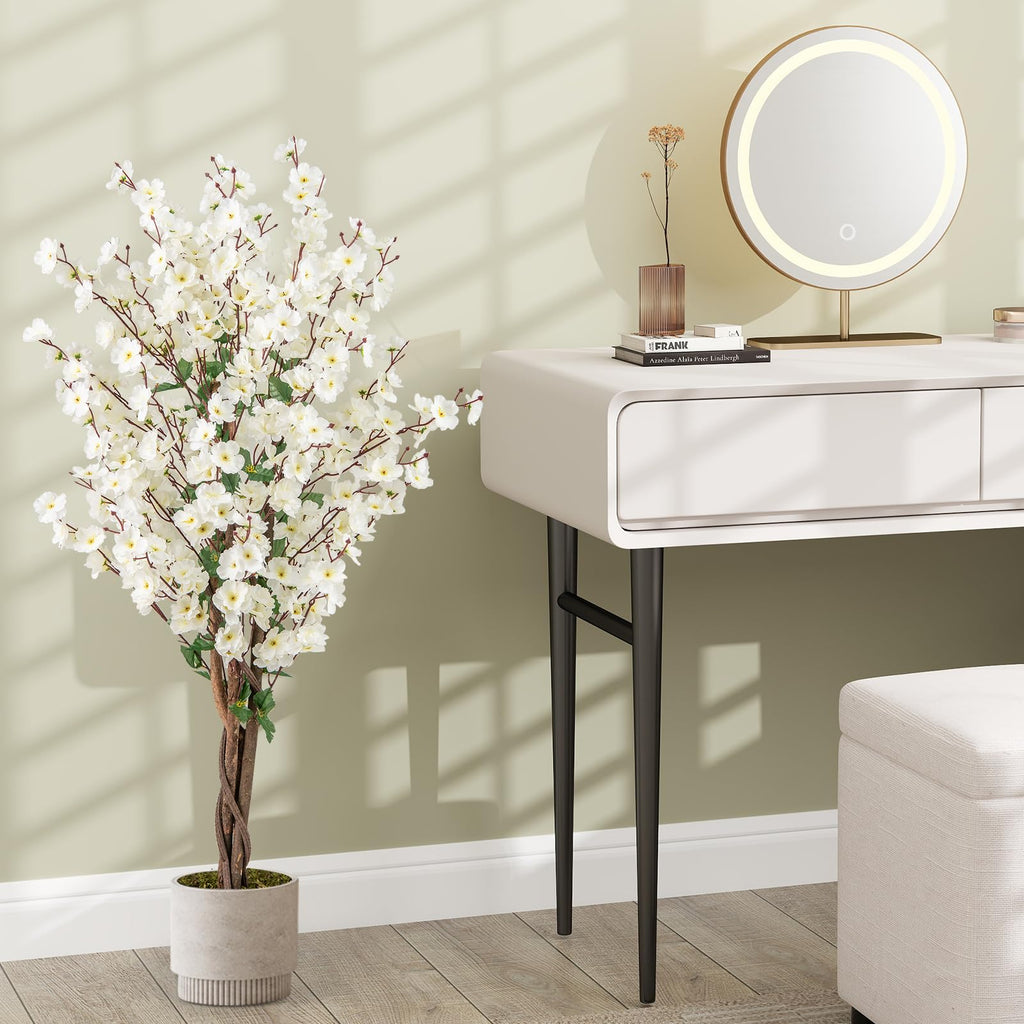 47" Artificial Wintersweet Tree, Faux Plum Blossom Plant with White Fabric Flower, Solid Wood Trunk, Fake Potted