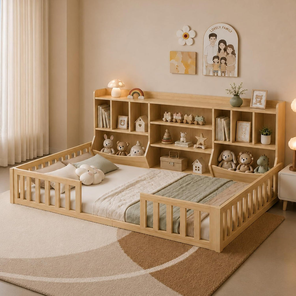 Full Size Floor Bed with High Solid Guardrail & 4-Tier Storage Cabinet, Premium Wood Bed Frame for Kids, Boys and