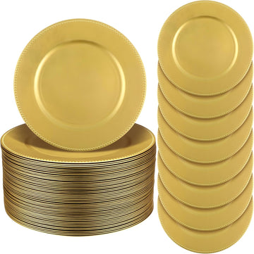 Charger Plates, Gold Plastic Reusable Dinner Charger Plates, 13'' Round Vintage Table Decoration, for Wedding - Set of 100