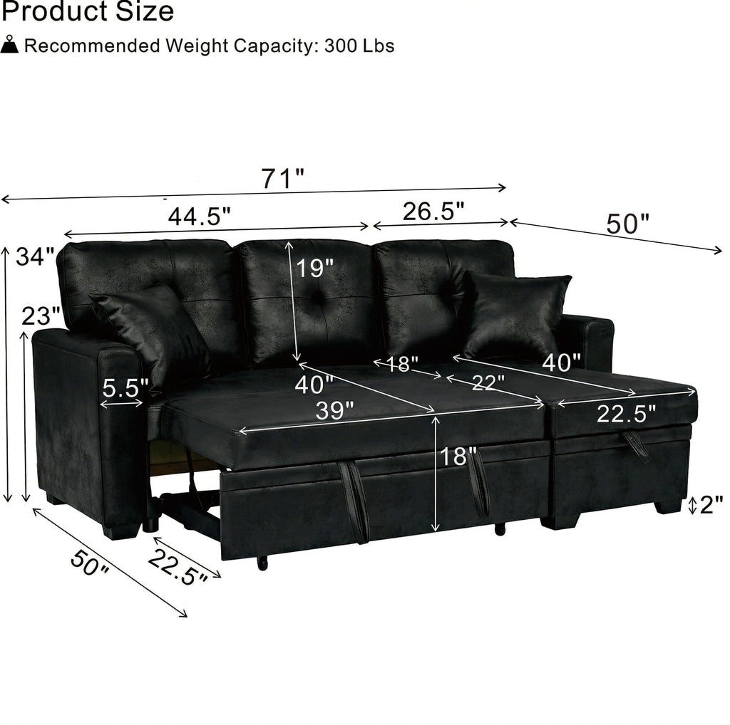 71" Sectional Sleeper Sofa with Pull Out Bed, L Shaped Sleeper Sofa with Reversible Chaise, 3 Seater Modular