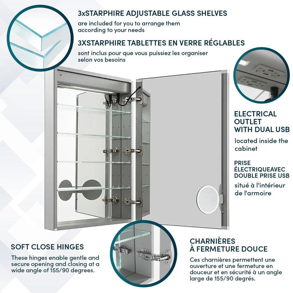 Signature Royale LED Lighted Medicine Cabinet Defogger, 3X LED Lighted Vertically Adjustable Magnifying Mirror