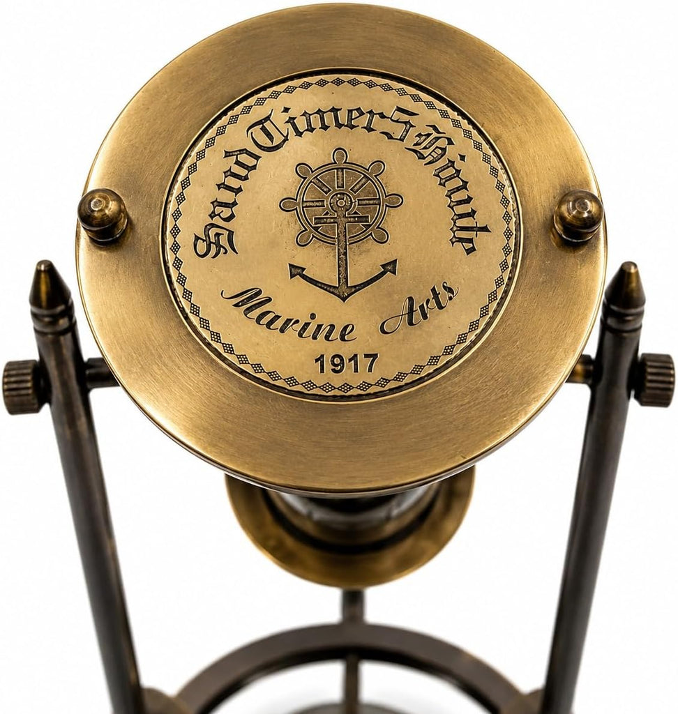 Antique Brass Nautical Hourglass with Compass Base, Vintage Sand Timer Decorative Showpiece, Maritime Glass Hour
