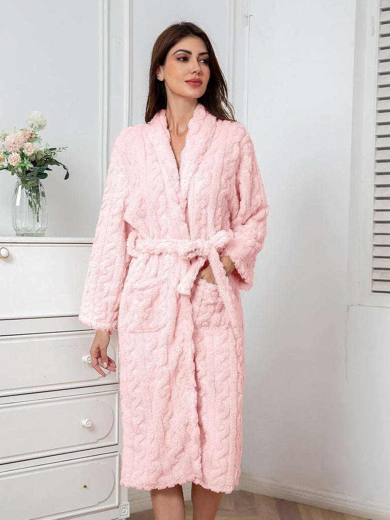 Girls Soft Fleece Bathrobe, Cable Plush Hoodless Warm Robes with Belt Pockets for Kids