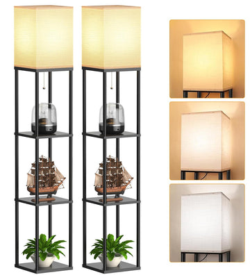 Floor Lamp with Shelves 2 Pack, Shelf Floor Lamp with 3 CCT LED Bulb, Corner Display Standing Column Lamp Etagere