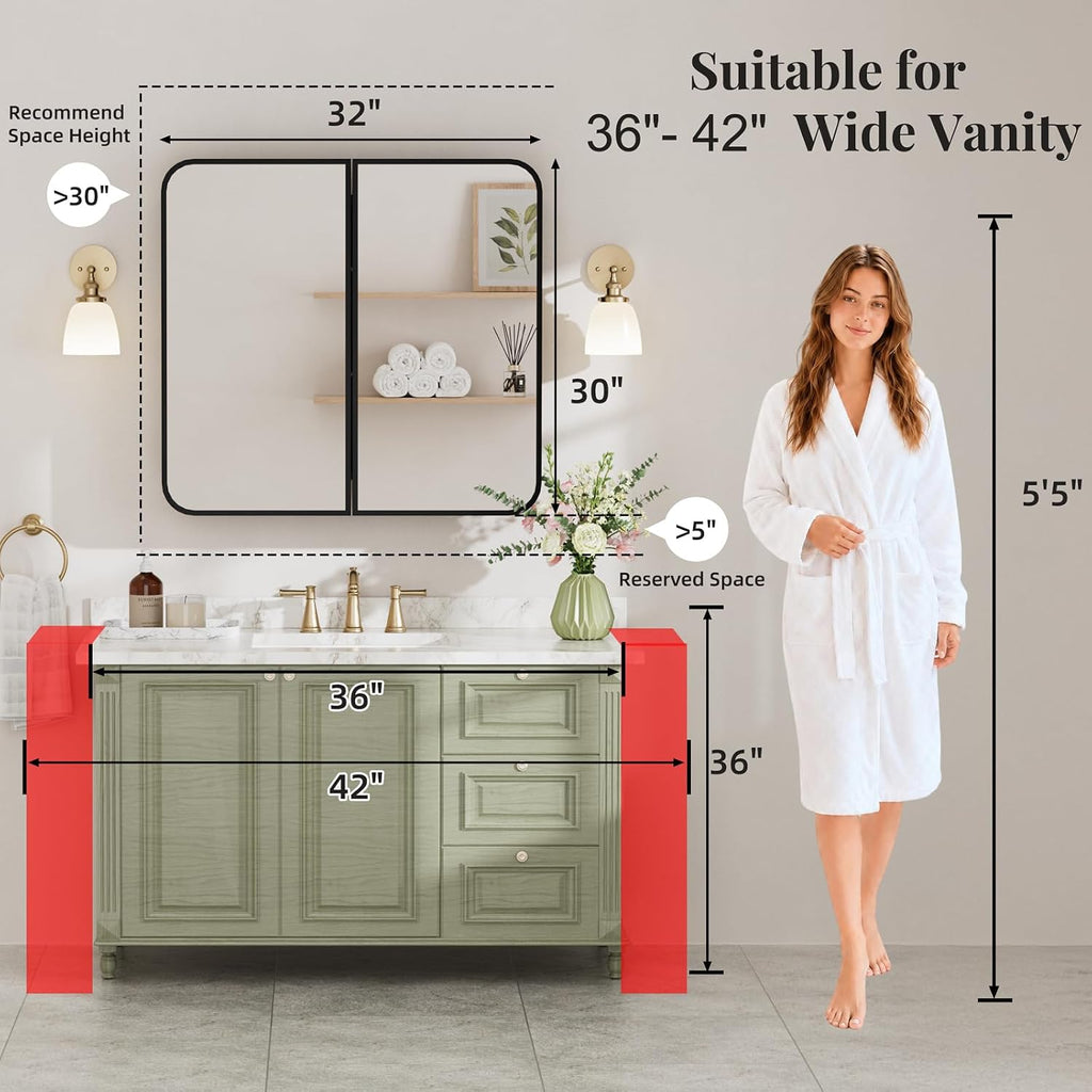 32x30 Inch Medicine Cabinet with Mirror, Rounded Corner, Double Door, Black | Fully Assembled, Recessed or Surface