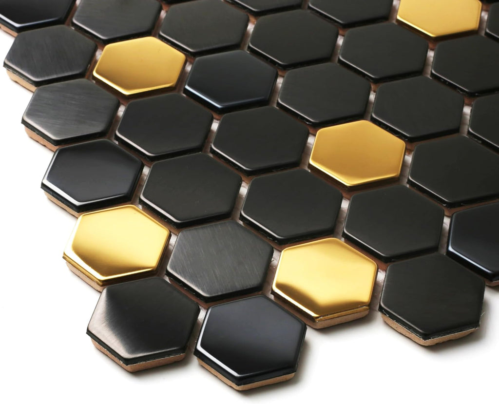 Black and Gold Backsplash Wall Hexagon Mosaic Shower Floor Tile Kitchen Bathroom Tile (Box of 5 Sheets)