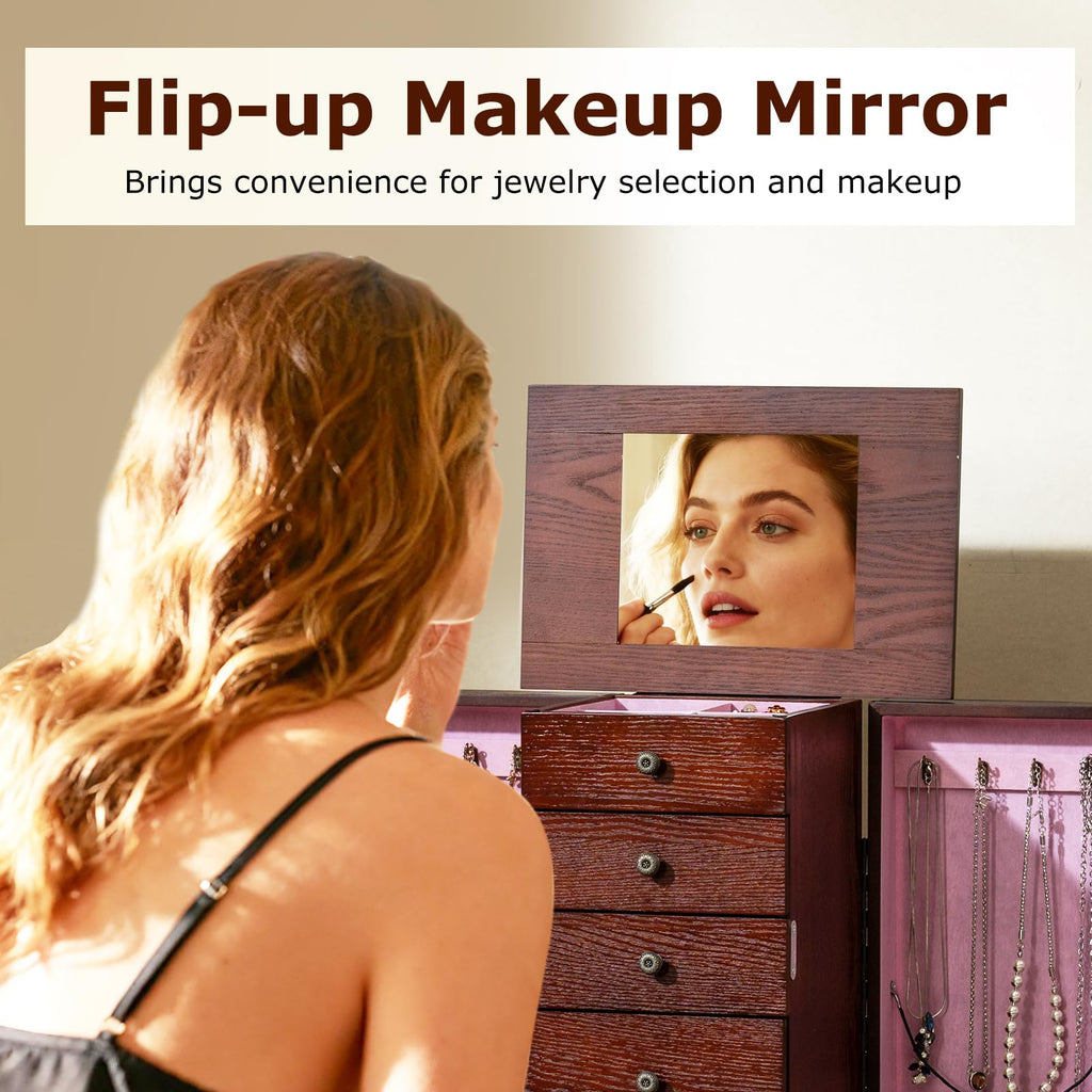 Standing Jewelry Armoire Cabinet with Top Flip Mirror, Jewelry Box Chest with 4 Drawers, Top Compartments, 8 Necklace