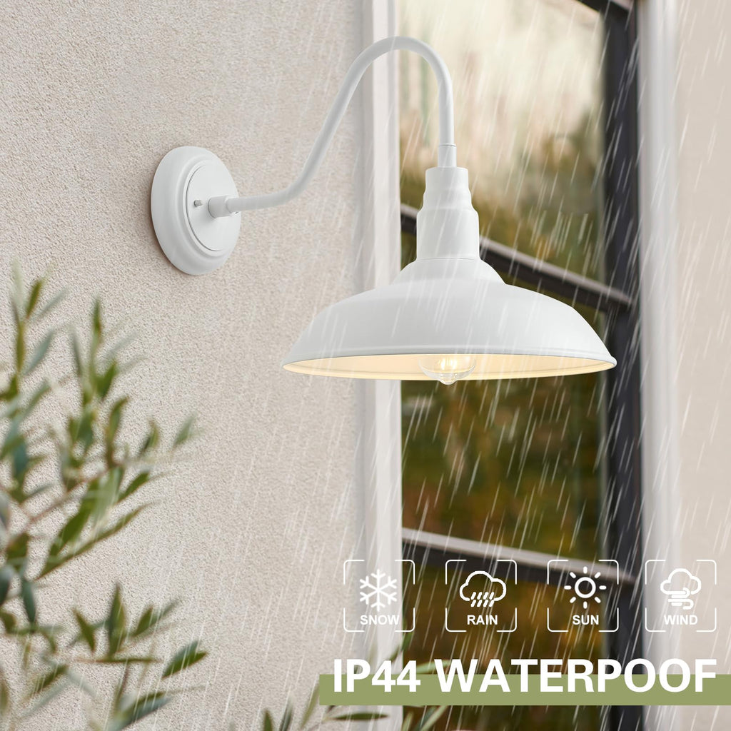 10 Inch Dome Outdoor Gooseneck Barn Lights for Porch, Farmhouse Exterior Light Fixture with Wall Mount, Matte White