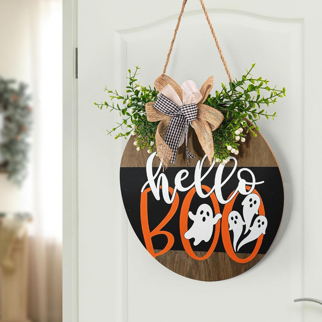 Cute Ghost Door Sign 12 Inch Halloween Wreaths for Front Door Cute Halloween Decor Wood Door Hanger Hello Boo Sign