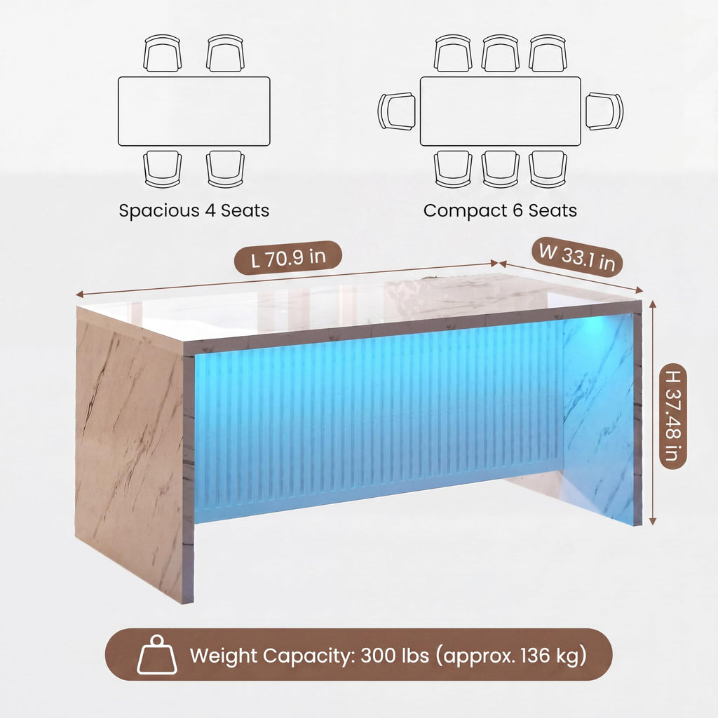 71'' Large Faux Marble Dining Table for 6 People, 37.4''H Tall Modern Kitchen Island with LED Lights, Rectangle