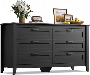 Black Dresser 6 Drawers , Wood Dresser TV Stand for 55" TV | SGS-Tested Large Wooden Chest of Drawers with Metal