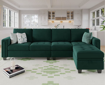 Velvet Reversible Sectional Sofa with Chaise Convertible L Shaped 4-seat Sectional Couch with Storage Ottoman Green
