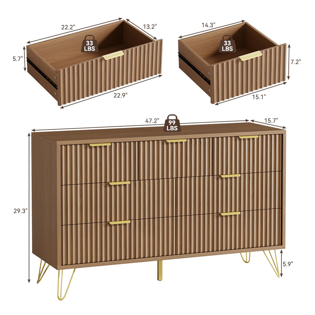 Fluted Dresser, Walnut 7 Drawer Dresser with Gold Handles and Wide Drawers, Wood Chest of Drawers (Walnut)