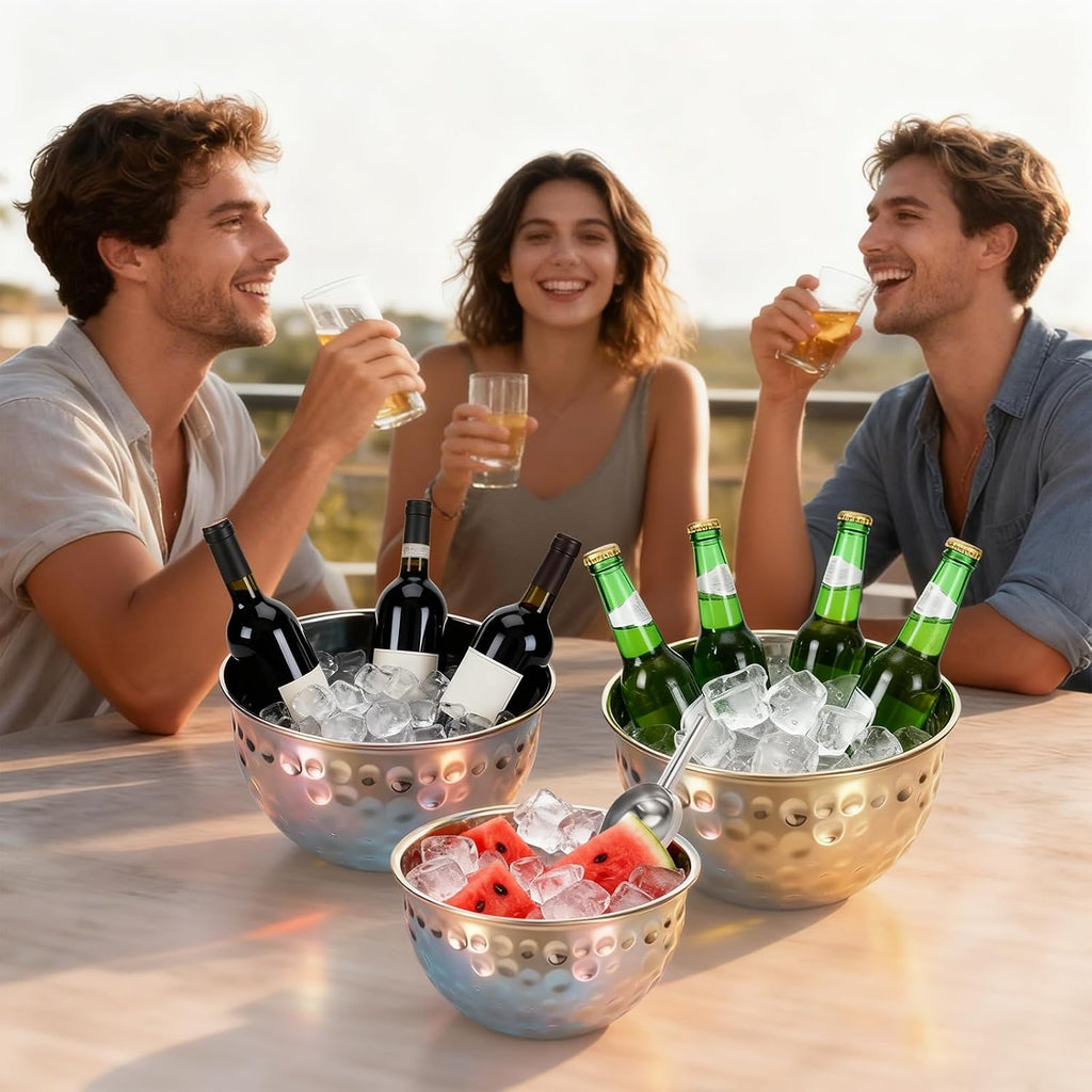 Ice Bucket 4.6/6/7.5L Stainless Steel Beverage Tub with 2 Scoop Leak-Proof Wine Bucket Large Metal Ice Buckets - Set of 3