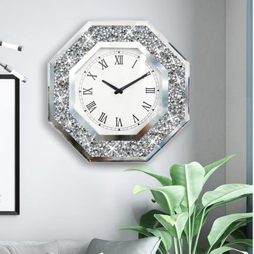 Wall Clock, Octagon Mirror Glass Clock, Cute Diamond 20-inch Non-Ticking Clock for Wall Décor, Perfect Home Decor
