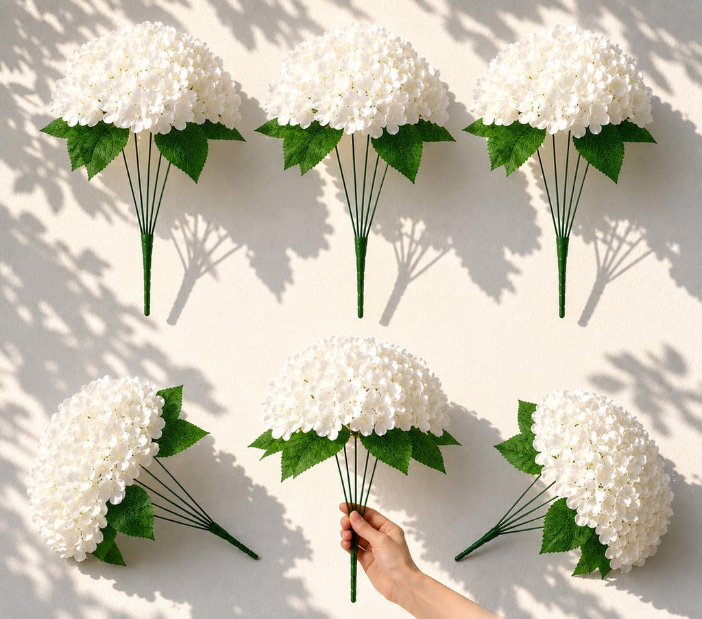 White Hydrangea Artificial Flowers Outdoor,30 Flower Heads UV Resistant Faux Hydrangeas Silk Flowers - Set of 6