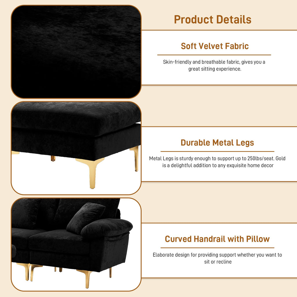 114" U-Shaped Velvet Sectional Couch with Ottoman, Black