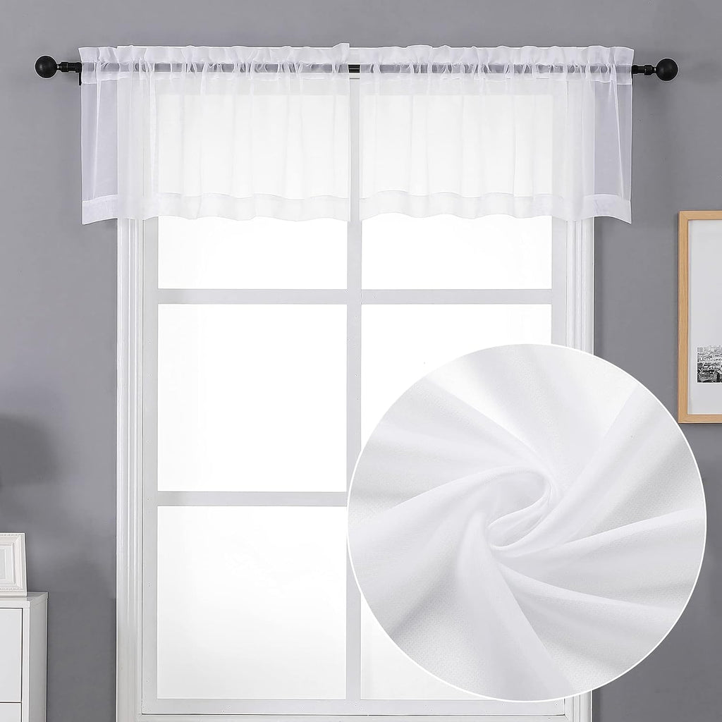 Sheer White Valances for Windows 2 Pack, Small Window Curtains for Living Room Bathroom Cafe Laundry Basement, Modern