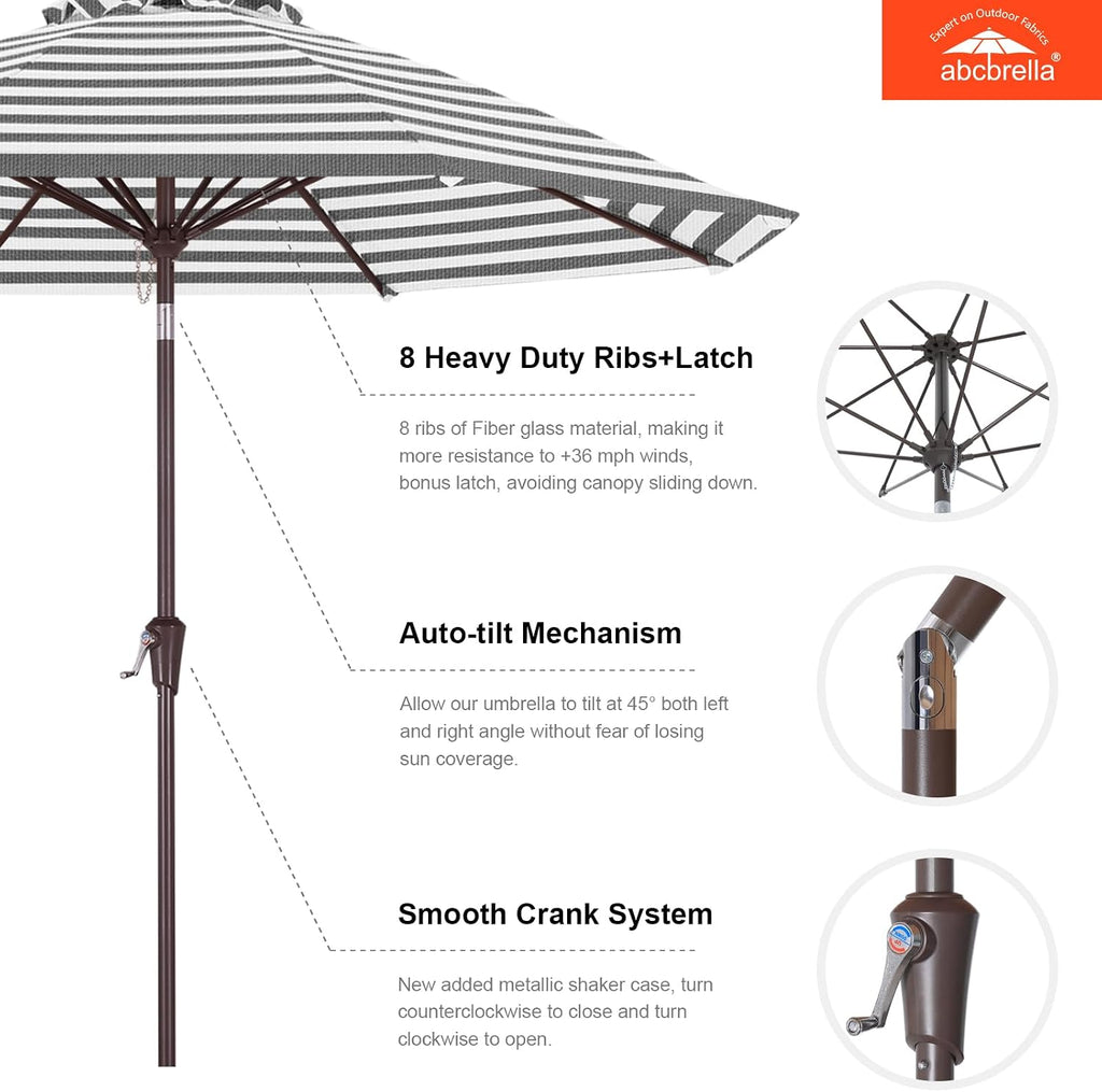 OLEFIN 5-Year No Fading 9FT Patio Umbrella, Outdoor Table Umbrella with 8 Sturdy Ribs (Gray Stripe)