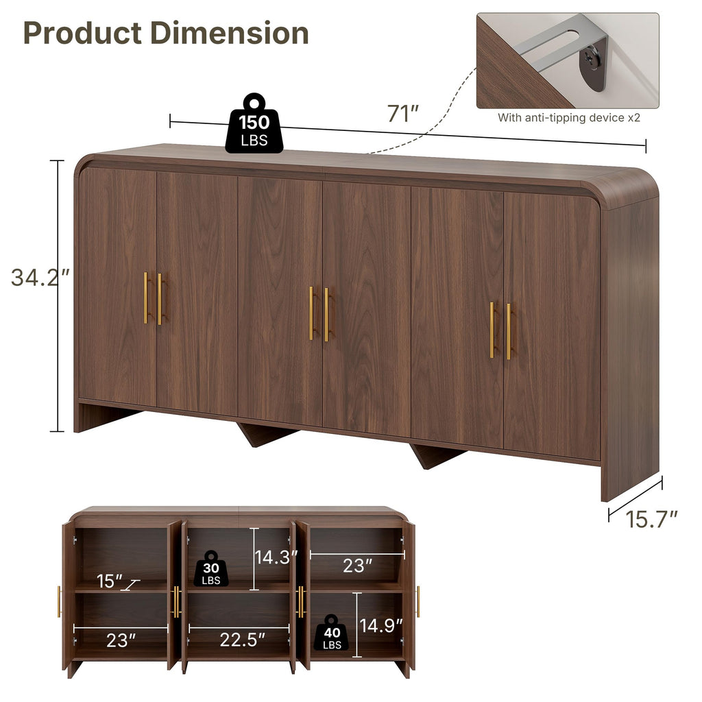71 Inch Modern Sideboard Buffet Cabinet with Large Storage, 6 Doors, Walnut