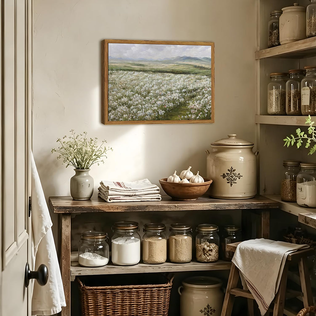 Framed Vintage Landscape Wall Art, Country Wildflower Field Pictures Wall Decor, Rustic Nature Flower Paintings