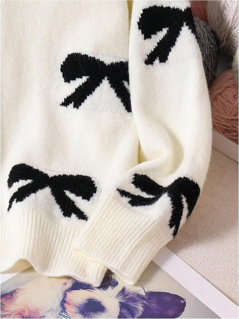 Girl's Bow Graphic Sweaters Long Sleeve Knit Tops Knitwear