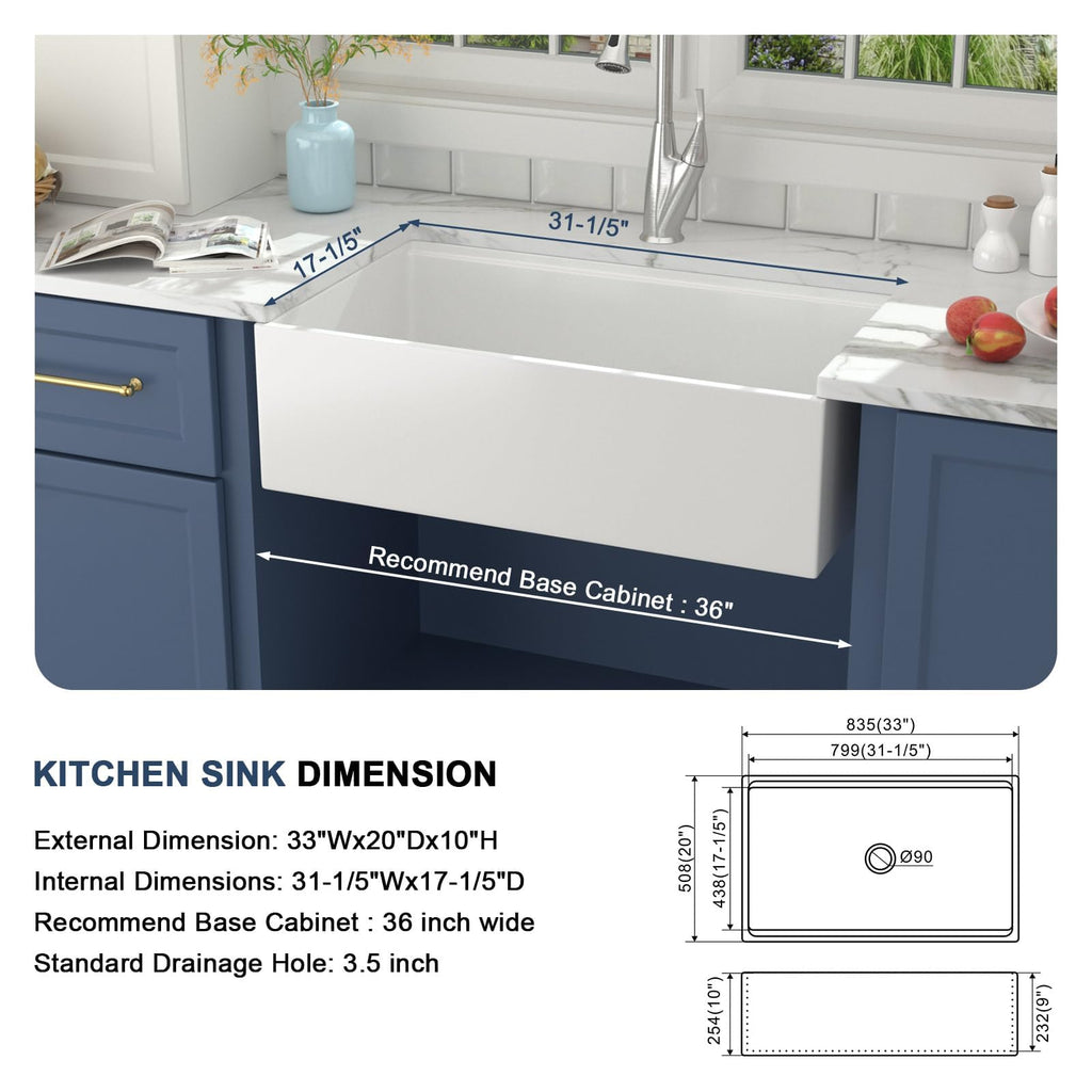 White Farmhouse Sink - 33 Inch Kitchen Sinks Workstation Apron Front Fireclay 33"x20" Porcelain Ceramic Single Bowl